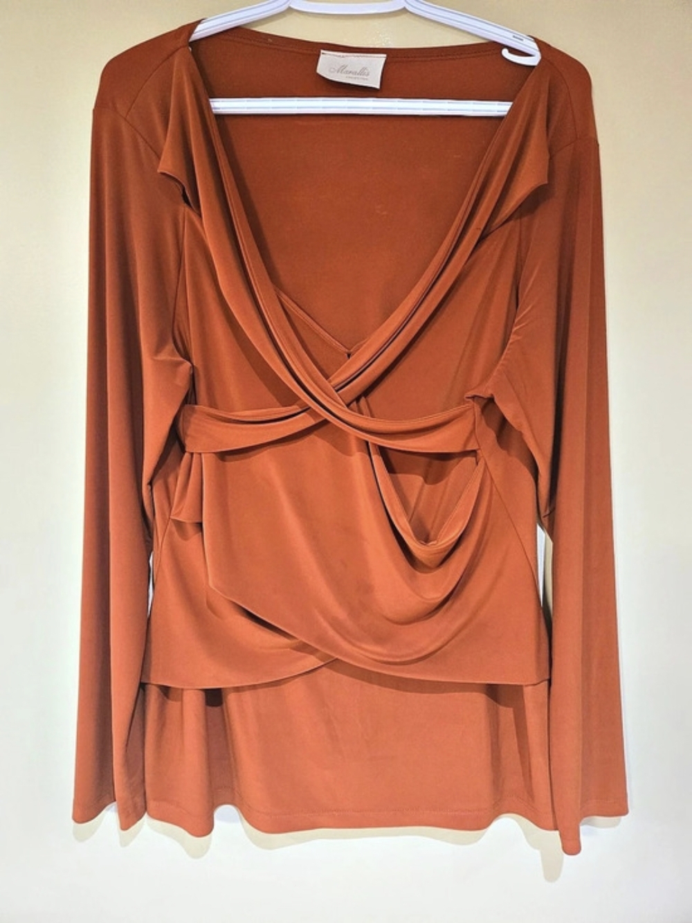 Marallis Collection Rust Orange Wrap Front Layered Long Sleeve Top